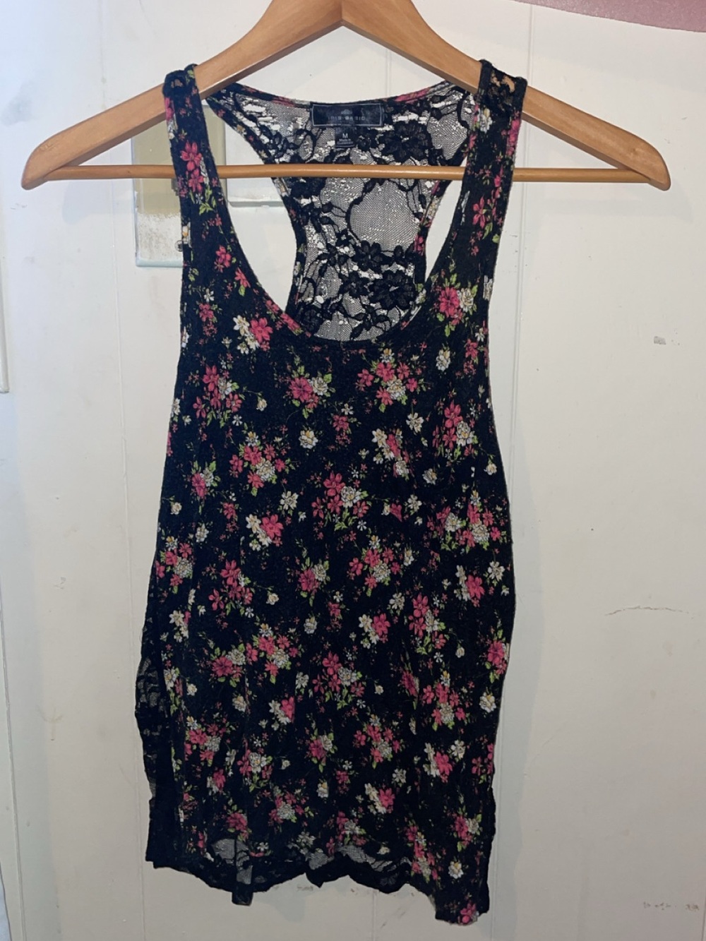 Floral Lace-Back Black Tank Top with Pink Florals